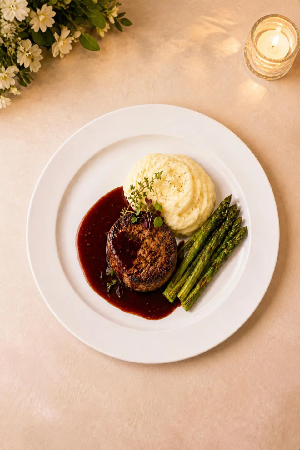 Plated steak with mashed potatoes and asparagus