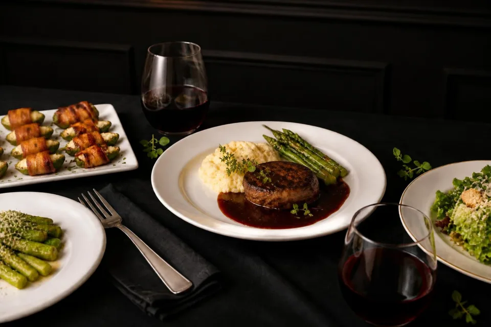 Plated steak with mashed potatoes and asparagus on a dinner table