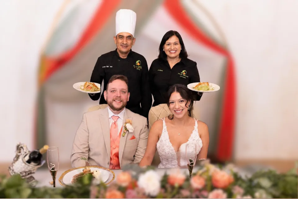 Mana Sabroso team members with a newly married couple at their reception