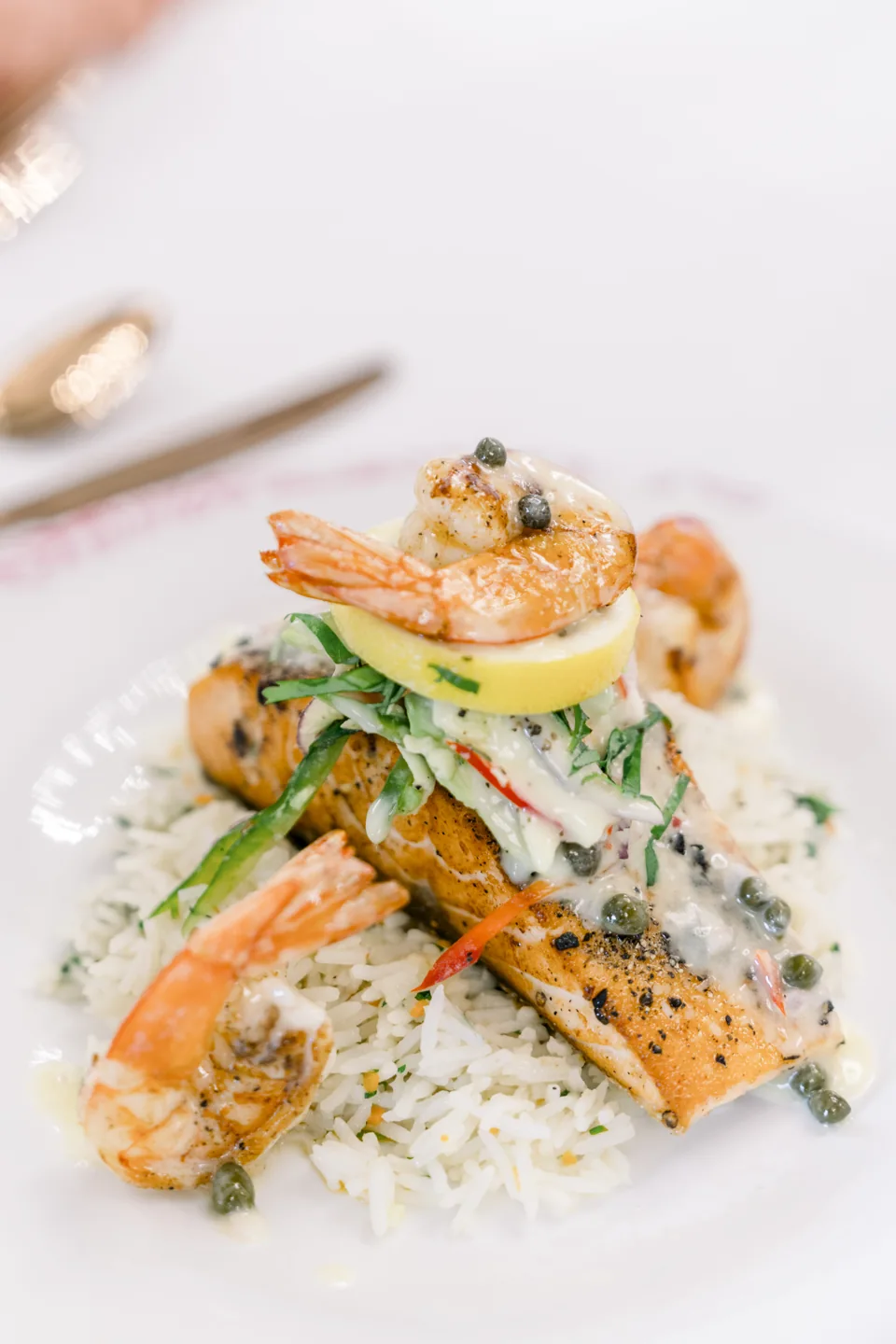 Plated seafood entrée with rice and vegetables