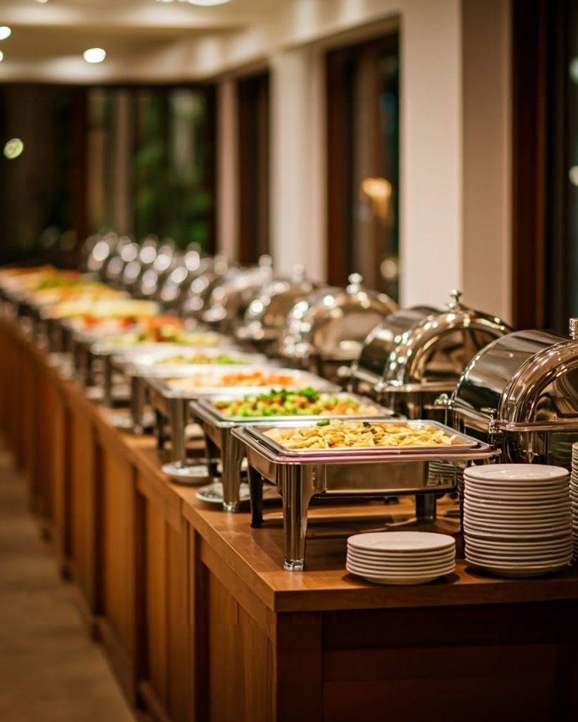 AI image of a long table covered with cater serving trays